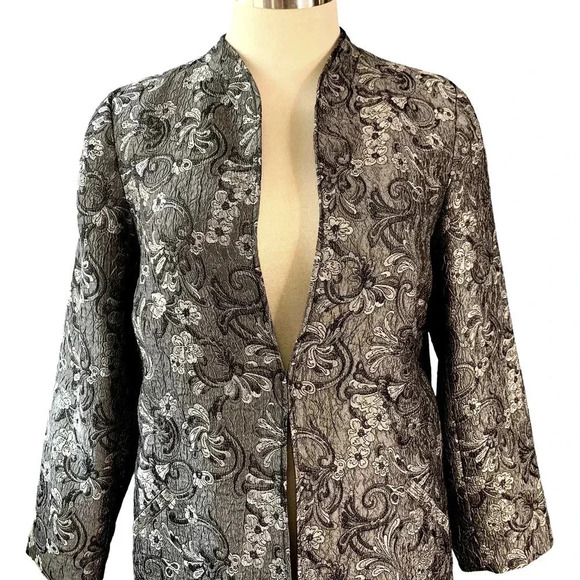 Soft By Avenue Floral Jacquard Blazer Jacket Women Size 14/16 Silver Gray Satin - Picture 5 of 16